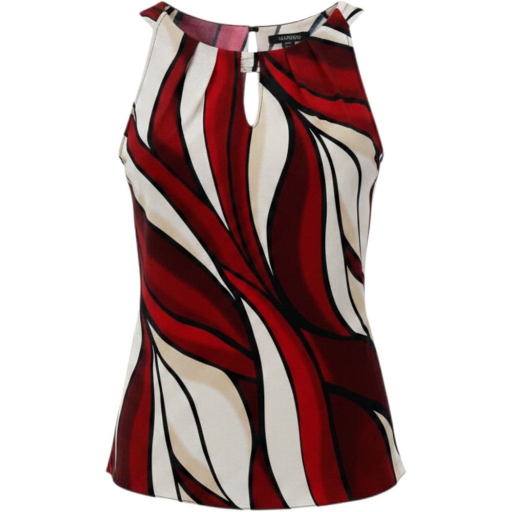 White House Black Market Silk Stretch Top Womens 14 Burgundy Black Cream Shell